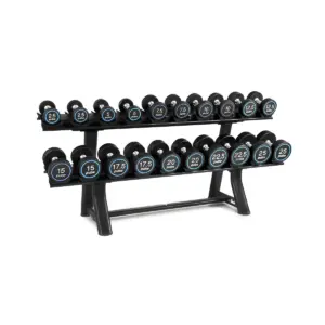Dumbell Rack with black and blue dumbells