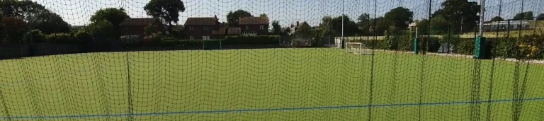 Outdoor artificial turf sports field with surrounding netting, small soccer goals, and residential houses in the background.