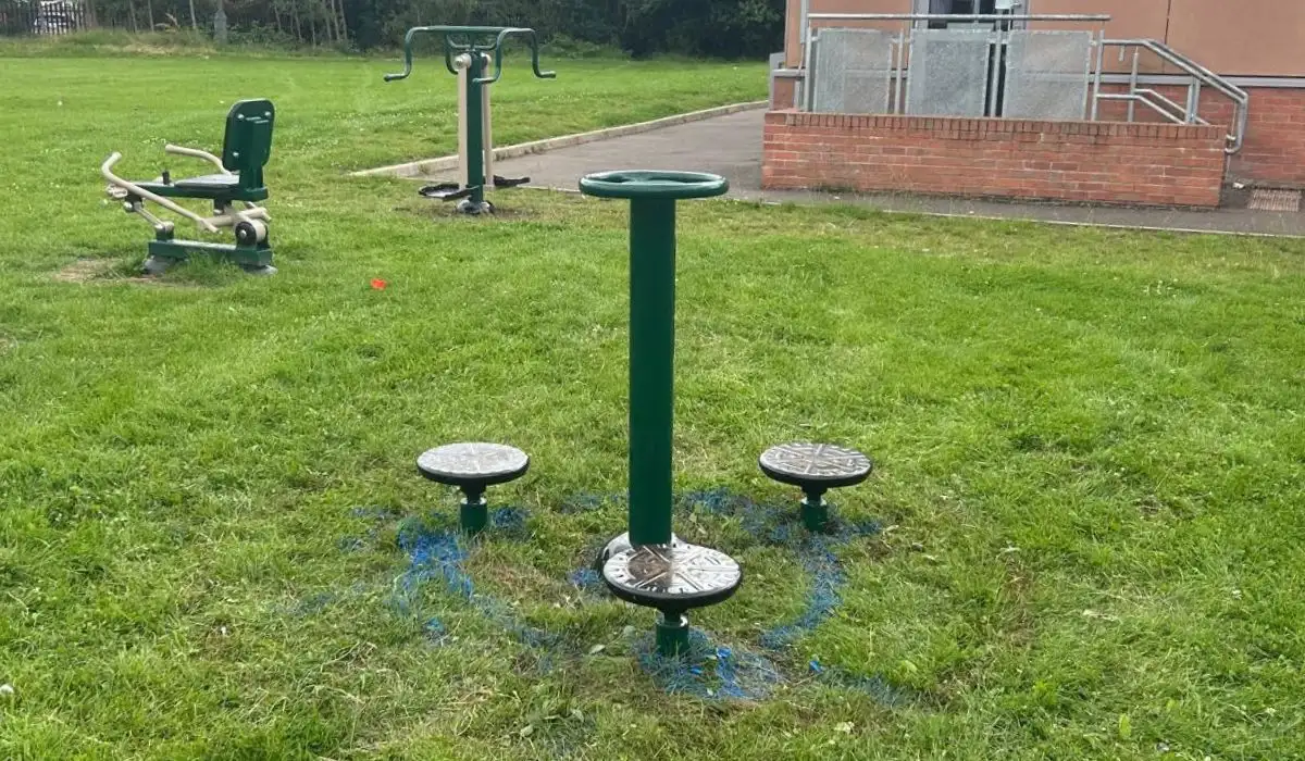Outdoor fitness hip twisters in green and beige at a school