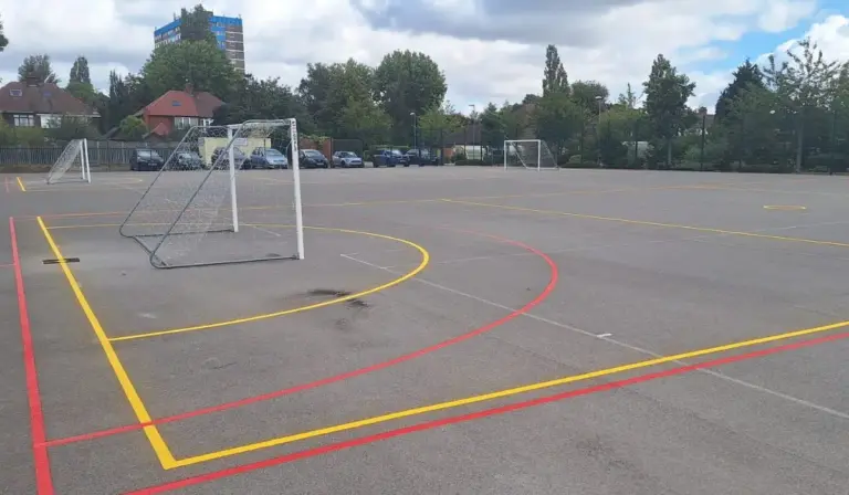 Colourful line markings and goal installation