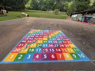 Snakes and Ladders painted in multiple colours on a playground