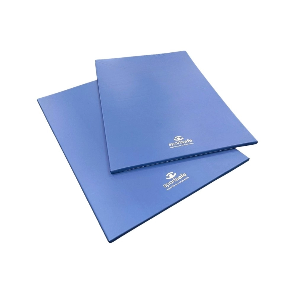 Blue gymnastics mat with Sportsafe logo