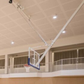 Ceiling suspended basketball goal with fixed height frame