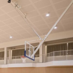 Ceiling suspended basketball goal with fixed height frame