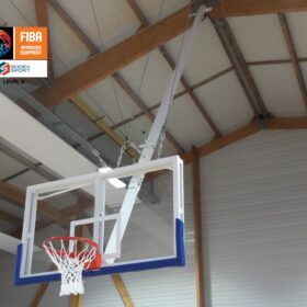 FIBA-certified 5x5 basketball backstop Lvl 2 | Ceiling suspended | Adjustable height