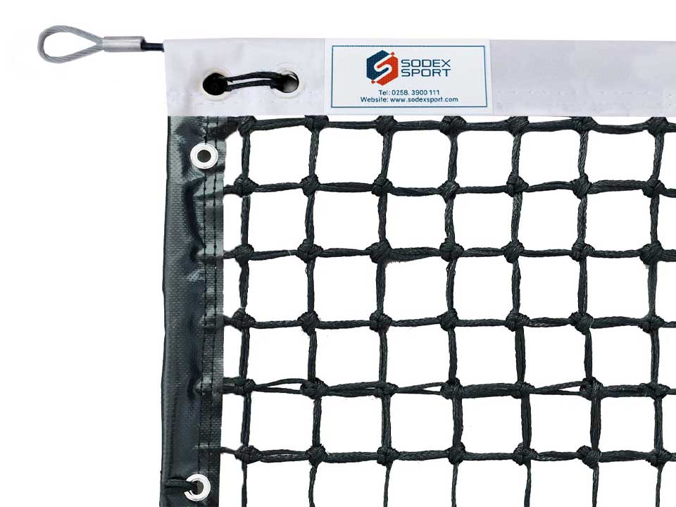 Tennis net braided Ø3.0mm, 45mm single mesh with top mesh doubled, reinforced outline, dowels included