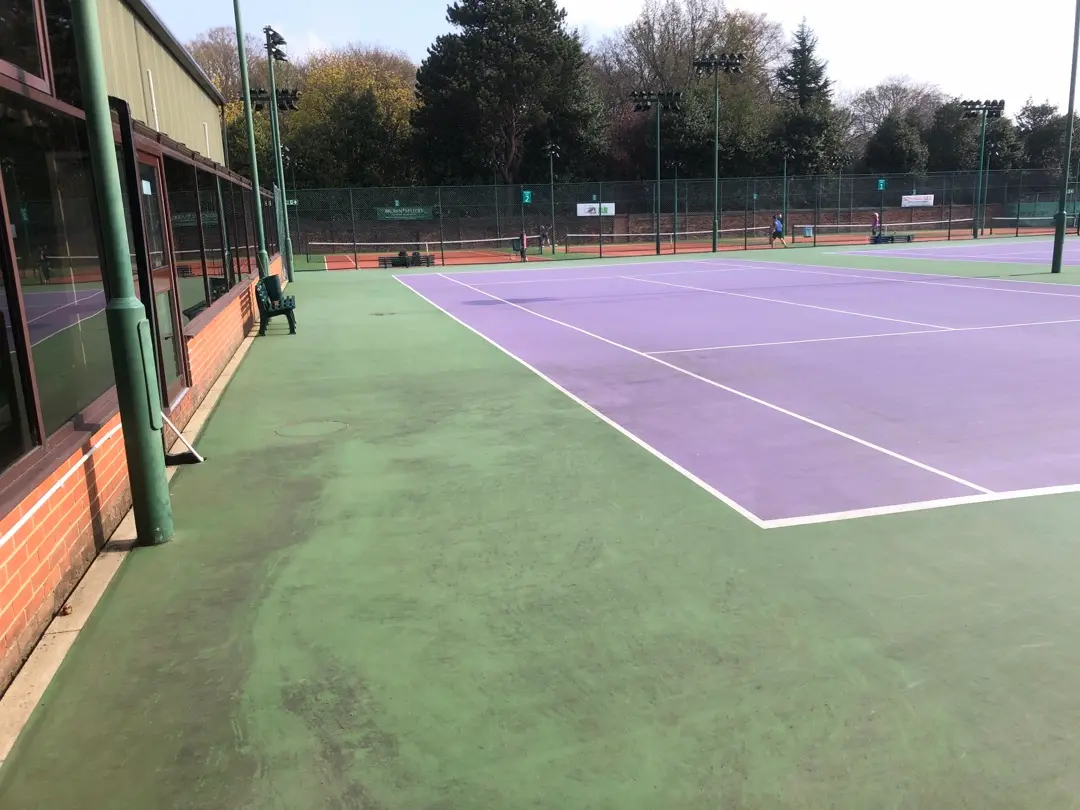 A purple and green outdoor tennis court with surrounding nets and trees. Bright daylight casts shadows, creating a serene and inviting atmosphere.