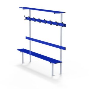 Bench with backrest, peg rail and shelf. Double ground fixations