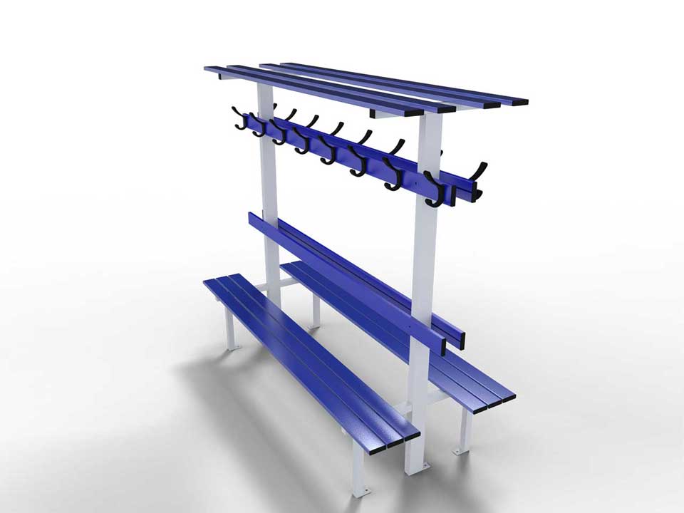 Changing room central bench with backrest, peg rail and shelf - Image 2