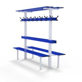 Changing room central bench with backrest, peg rail and shelf