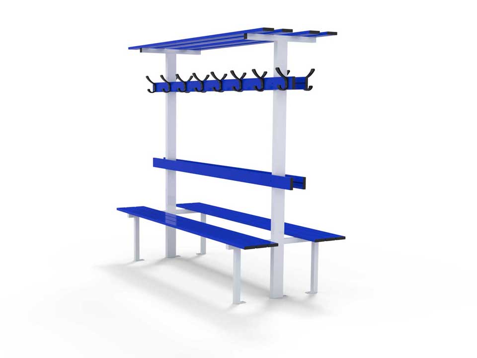Changing room central bench with backrest, peg rail and shelf
